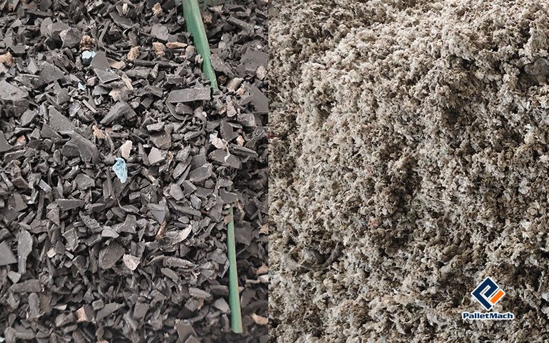 Shredded waste plastic film and crushed old pallets, the two prepared feedstocks of the plastic pallet line